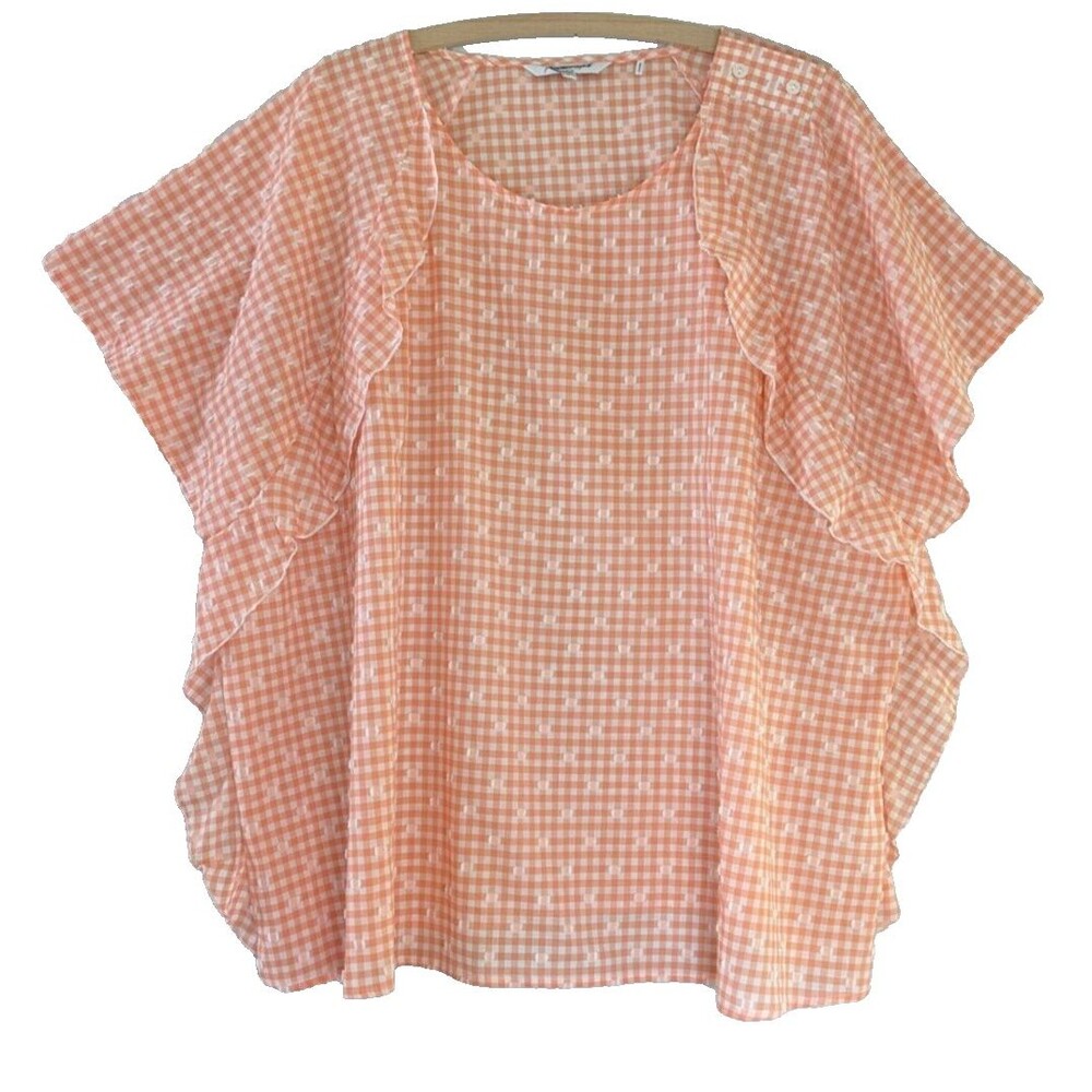 Foxcroft Top Pink White Check Short Sleeve Side Ruffle 100% Cotton